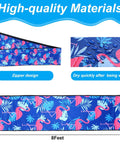 Sweet Grip Eight Foot Inground Pool Railing Cover With Rad Flamingo Palm Design Slip Resistant Handrail Grip Blue close up showing zipper, 8 feet neoprene design.