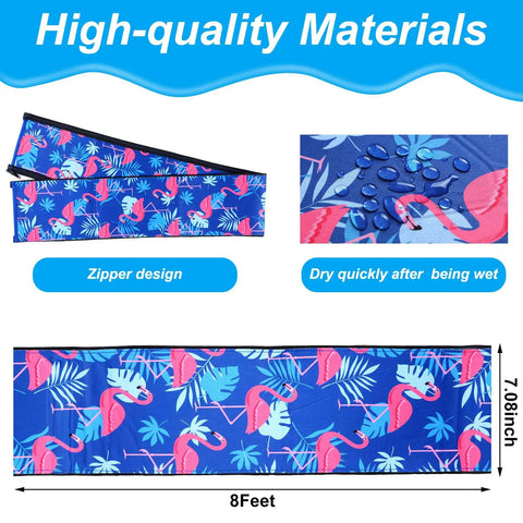 Sweet Grip Eight Foot Inground Pool Railing Cover With Rad Flamingo Palm Design Slip Resistant Handrail Grip Blue close up showing zipper, 8 feet neoprene design.
