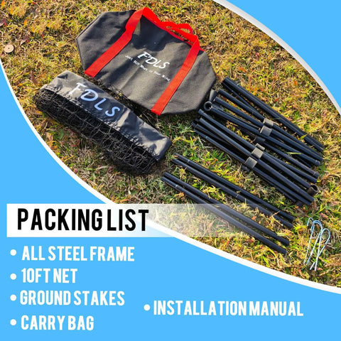 Components of 10 Ft Portable Badminton And Pickleball Net With Grab And Go Carry Bag For Indoor And Outdoor Use shown on grass