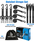 Heavy Duty Ratchet Straps 1.5 Inch By 15 Feet Locking S Hooks 5208 Lbs Break Strength High Tensile Polyester Webbing 4 Pack with storage bag.