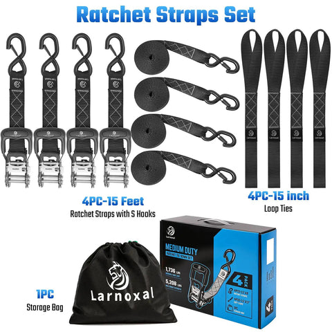Heavy Duty Ratchet Straps 1.5 Inch By 15 Feet Locking S Hooks 5208 Lbs Break Strength High Tensile Polyester Webbing 4 Pack with storage bag.