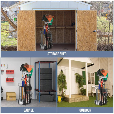Heavy Duty Corner Garden Tool Organizer for Garage and Shed Storage holding long-handled tools in storage shed, garage, and outdoor setting.