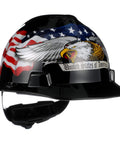 V-Gard Slotted Hard Hat with Fas-Trac Ratchet Suspension featuring American flag and eagle design, ANSI Z89.1 Class E.