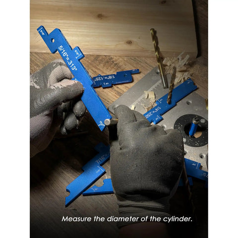 Hand using Upgrade 7 Piece Aluminum Router Table Setup Bar Kit, Precision Router Setup Gauges For Woodworking on drill press.