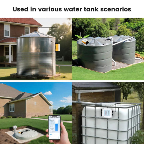 Smart WiFi Water Level Sensor for Tanks with Tuya App installed on various tanks, showing remote monitoring feature.