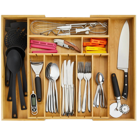 Extra Deep Silverware Drawer Organizer With Adjustable Dividers Expands From 14 To 21.6 Inches Bamboo Flatware Tray For Kitchen Beefy Wood Cutlery Holder Fits Wide Drawers, showing organized utensils.