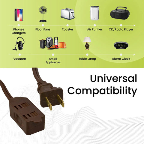 6 Foot Indoor Extension Cord With Three Outlets Brown Kink Free Child Safety Covers Discreet Design with universal compatibility