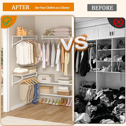 Heavy Duty Workhorse Wall Mounted Closet Shelves With Hanging Rod Four Pack Floating White Wire Shelving For Laundry Room And Garage Organization Straight Shooter Setup organized closet with white wire shelves and hanging rod