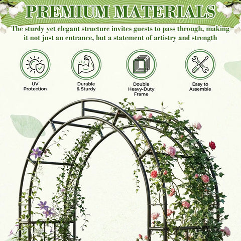 Heavy Duty 7Ft Garden Arch Arbor Made From Thick Steel For Climbing Plants Outdoor Trellis Arbour With Rust Resistant Powder Coat And Weatherproof Finish Keeps Your Yard Looking Sharp Easy Assembly showcasing floral design