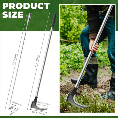 Long Reach Weed Puller Tool Set 2 Pack, 47 Inch Stand Up Metal Handle With Manganese Steel Double Scythe and person weeding