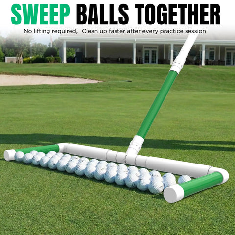 Portable Golf Ball Sweeper With Self Standing No Bend Design Modular PVC Ball Collector And Picker Upper on green field
