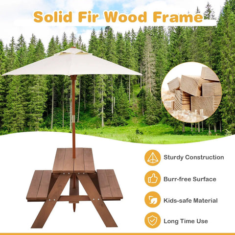 Outdoor Wooden Kids Picnic Table With Removable Umbrella Foldable Bench Set For Backyards And Patios Toddler Friendly Outdoor Furniture In Walnut