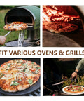 Collage of a 14 Inch Cordierite Pizza Stone for Oven and Grill showing pizzas baking in different ovens and on a grill.