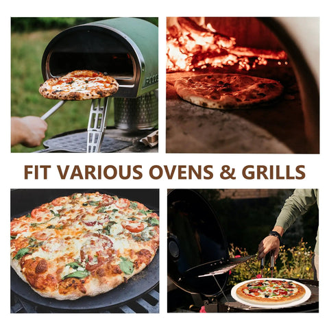 Collage of a 14 Inch Cordierite Pizza Stone for Oven and Grill showing pizzas baking in different ovens and on a grill.