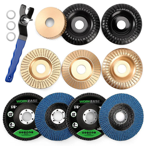 Wood Carving Disc Set For 4 Inch And 4.5 Inch Angle Grinders, 14 Piece Grinding Wheels Kit With 7/8 To 5/8 Inch Arbor Adapters