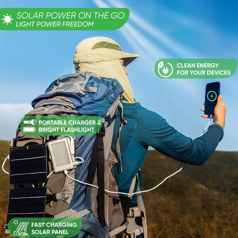 Backpacker using Three In One Solar Survival Kit Emergency Flashlight With 5000mAh USB C Power Bank And Seven Watt Solar Panel