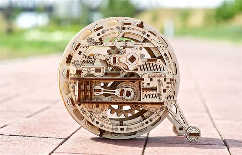 Mechanical Wooden 3D Puzzle Model Monowheel Construction Set For Gearhead Builders With A Steampunk Skeleton Showcasing Moving Dope Gears Durable Outdoor Ready So You Can Roll It On The Street Or Desk A Fun STEM Toy, laser-cut wood monowheel outdoors