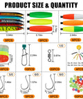 Product size and quantity layout for All In One Catfish Rig Making Kit Pro Grade Tackle Set 135 Pieces With Catfish Floats Hooks Swivels