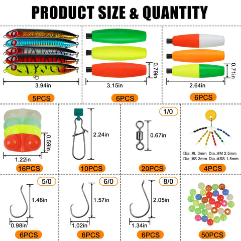 Product size and quantity layout for All In One Catfish Rig Making Kit Pro Grade Tackle Set 135 Pieces With Catfish Floats Hooks Swivels