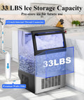 Built Tough Stainless Steel Ice Maker Cranks 110 Pounds Daily And Slaps 36 Clear Cubes Every 14 Minutes With Self Cleaning System And Built In Water Filter For Zero Hassle Home Or Cafe Runs showing 33 lbs ice storage, premium water filter, and ice storage.