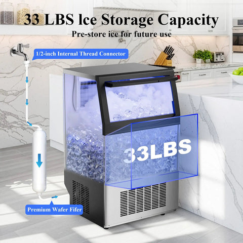 Built Tough Stainless Steel Ice Maker Cranks 110 Pounds Daily And Slaps 36 Clear Cubes Every 14 Minutes With Self Cleaning System And Built In Water Filter For Zero Hassle Home Or Cafe Runs showing 33 lbs ice storage, premium water filter, and ice storage.