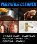 Pro Grade Tarnish Remover 1 Gallon for jewelry and metal restoration, showing close-up cleaning of silverware, jewelry, and metal surfaces.