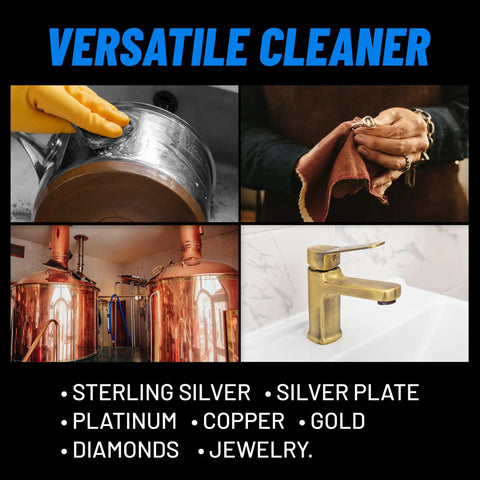 Pro Grade Tarnish Remover 1 Gallon for jewelry and metal restoration, showing close-up cleaning of silverware, jewelry, and metal surfaces.