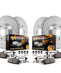 Front And Rear Brake Kit With Carbon Fiber Ceramic Pads And Drilled And Slotted Rotors For Chrysler Aspen 2007 2009, Dodge Durango 2007 2009, Ram 1500 2006 2018 Beefed-Up Truck And Tow Upgrade K2164-36 displayed with packaging and components.
