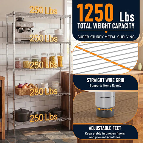 Solid As A Rock Five Tier Wire Shelving In Chrome Finish Hella Roomy Storage Rack With 1250 Pound Load Zero Hassle Pantry Organizer For Kitchen Garage Or Basement