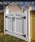 White gate with 8 Inch Heavy Duty Decorative T Hinge For Sheds Gates And Barn Doors With Included Screws Black Finish 4 Pack.