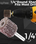 Front view of 20 Piece 80 Grit Aluminum Oxide Flap Wheel Sander Set with cone and cylindrical grinding heads, attached to drill.