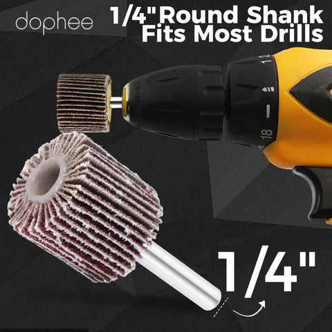 Front view of 20 Piece 80 Grit Aluminum Oxide Flap Wheel Sander Set with cone and cylindrical grinding heads, attached to drill.