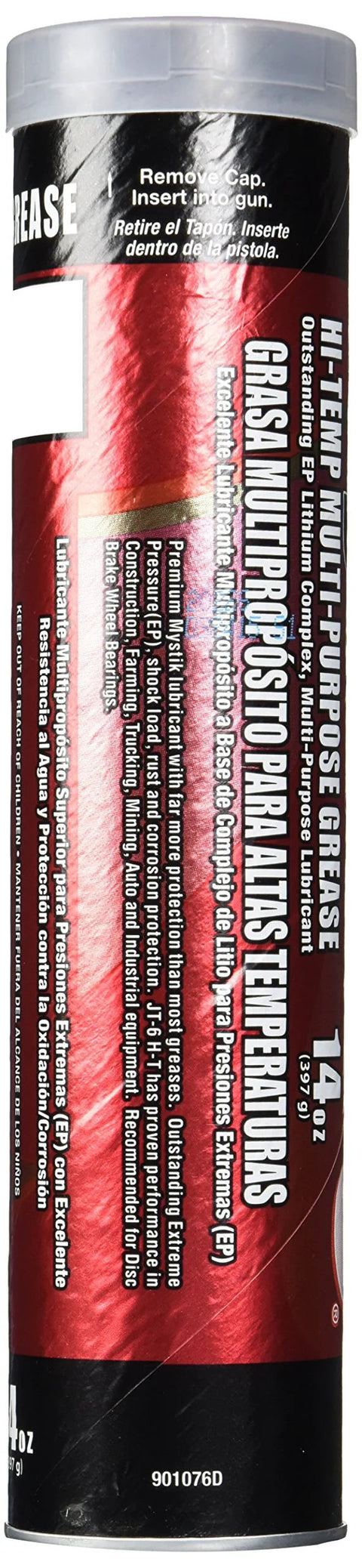 Mystik JT-6 grease cartridge, 14 oz, red/black label, front view.