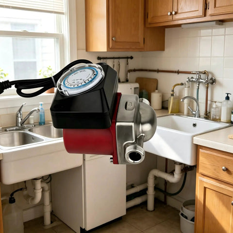 Premium 115V Hot Water Pressure Booster Pump ThreeSpeed Stainless Steel Circulator installed under kitchen sink.