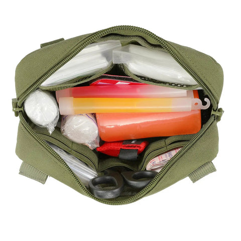 Open Laser Cut Molle Admin Pouch For EDC Gear, showing organized interior with tactical tools and supplies, Army Green