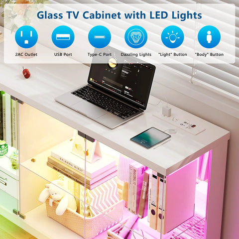 Glass Display Cabinet With Charging Station And RGB Lighting showing charging hub and LED light controls, 59-inch white curio cabinet