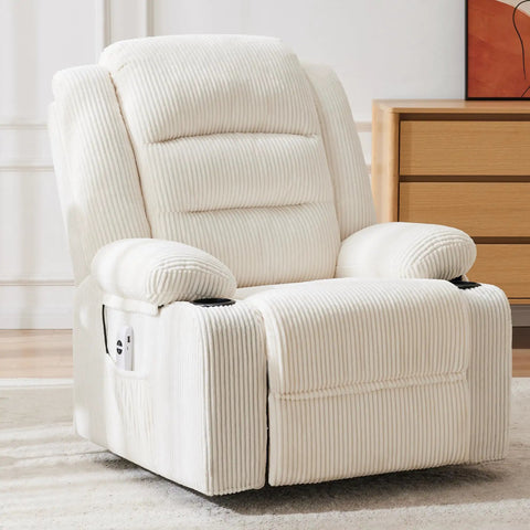 Power Pushback Electric Recliner With Cup Holders For Adults in Stripe White, shown in a modern living room setting.