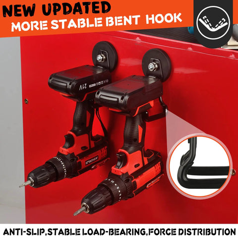 Upgraded Large Magnetic Hooks With 20lb Capacity holding power drills on red surface, side view