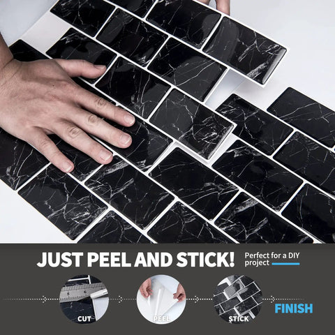 Peel And Stick Kitchen Backsplash Tiles In Shiny Black 30 By 30 Cm Self Adhesive Wall Tiles shown with hands pressing