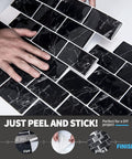 Hands installing 12 By 12 Inch Peel And Stick Backsplash Tiles For Kitchen And Bathroom In White Marble Pattern Easy Install No Mess
