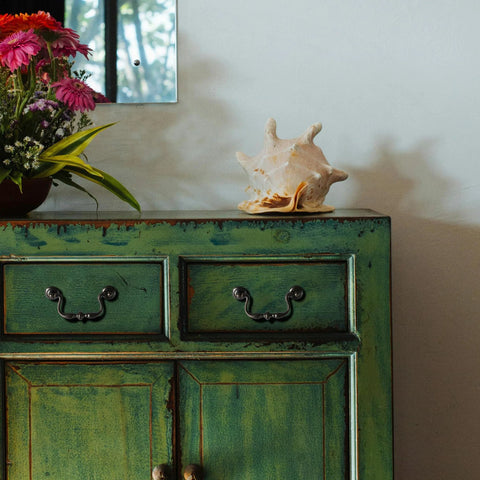 Green dresser with Oil Rubbed Bronze Drop Bail Drawer Pulls 4 Pack 4 Inch Center To Center Colonial Style Cabinet Handles installed