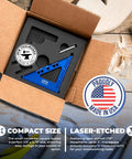 Handy Compact Carpenters Tool With Fixed Miter Angle Pin For Precision Woodworking Ideal For DIYers Pocket Sized Scribe Holes 1/16 Inch And 5 By 1/4 Inch Pin Holes Made In USA English Blue in box with USA badge