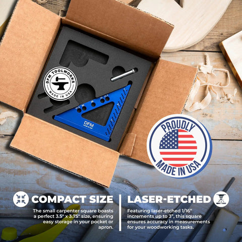 Handy Compact Carpenters Tool With Fixed Miter Angle Pin For Precision Woodworking Ideal For DIYers Pocket Sized Scribe Holes 1/16 Inch And 5 By 1/4 Inch Pin Holes Made In USA English Blue in box with USA badge