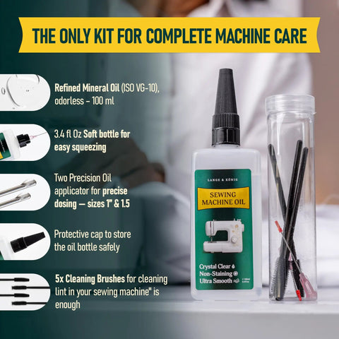 Crystal Clear 3.4 Oz Sewing Machine Oil Set With 1 Inch And 1.5 Inch Precision Applicators And Five Deep Cleaning Brushes For Quiet, Smooth, Gummed Free Operation Of Your Sewing Machine, bottle and brushes