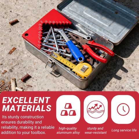 Toolbox with heavy duty aluminum table saw height gauge and depth gauge in red anodized finish, surrounded by various tools.