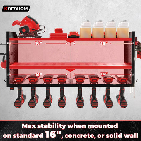 Heavy Duty Power Tool Organizer With Built In Charging Station And 8 Outlet Power Strip Wall Mounted Tool Shelf With 8 Drill Holders Metal Red Garage Storage Rack For Quick Tidy Workspace