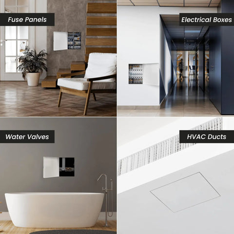Built Tough 7x7 Galvanized Steel Drywall Access Panel With Fully Removable Door And Paintable White Finish For Plumbing And Utility Covers Quick No Fuss Install in modern interior settings with fuse and electrical access.