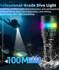 SD08 Dive Light 3200lm Bright Scuba Flashlight With IPX8 Waterproof Seal, RGB Signal Ring in underwater scene with diver