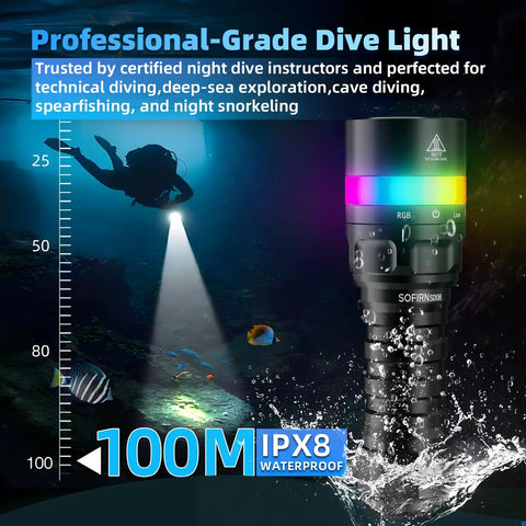 SD08 Dive Light 3200lm Bright Scuba Flashlight With IPX8 Waterproof Seal, RGB Signal Ring in underwater scene with diver
