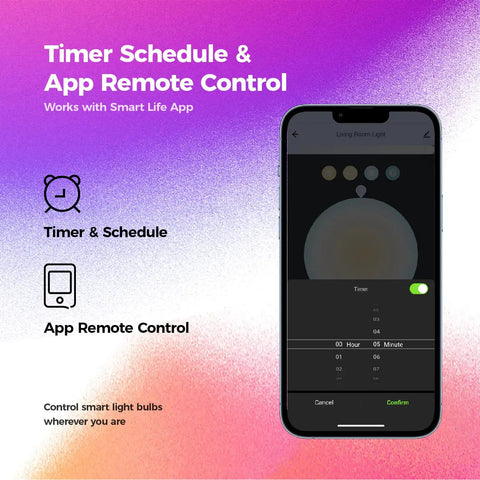 Smartphone displaying timer control for Candelabra LED Bulbs RGB Color Changing Smart Bulbs E12, 6W (60W Equivalent), 600LM.